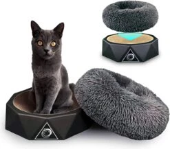 S.HE Kattenmeubel, Stijlvol, 2-in-1 Multifunctioneel Kattenbed + Krabplank [ Om Te Slapen, Krabben En Spelen] Kattenbank Bestaande Uit Krabmeubels + Donutkussen, Kleur Zwart
