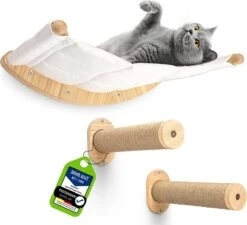 Kat Klimmuur | Kattenhangmat [extra Stabiel En Groot] Met Kattentrap Voor Aan De Muur | Krabpaal 2.0 | Kattenladder Met Slaapplaats | Kattenbed Om In Te Klimmen Van Natuurlijk Hout | 3 Stukken