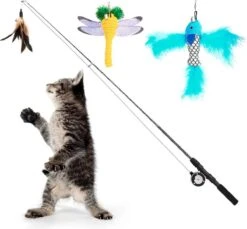 Interactieve Kat Speelgoed, Intrekbare Kat Hengel Met 3 Reserve Aas Van Veren En Klokken, Verstelbare Koord Lengte, Feather Teaser Voor Katten, Kitten Plezier