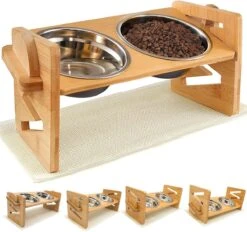 Verhoogde Voederbak Voor Katten En Kleine Honden, Bamboe Hondenvoederstation Met 2 Roestvrijstalen Kommen, In Hoogte Verstelbaar, 15 Graden Gekanteld, Kattenbak