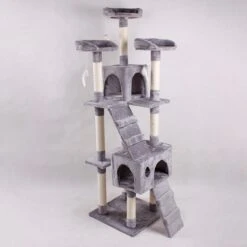 YAR Kitty Deluxe- Luxe Stevige Katten Krabpaal Voor Katten -Grote Krab Paal Klimpaal – Stevig Krabmeubel Met Hangmat Mand Katten Huis Tunnel & Speel Touw – Grijs/Zwart