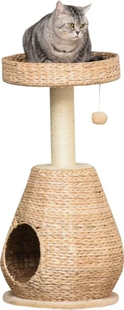 Medina Agen Point Cat Tree Krabpaal Met Kattengrot – Geel – Gefabriceerd Hout, Pluche, Sisal – 15,74 Cm X 15,74 Cm X 32,48 Cm