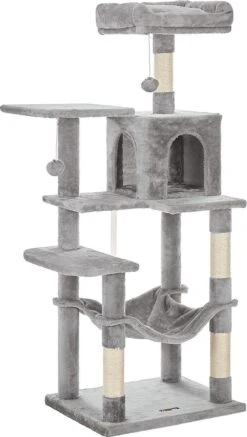 ACAZA Grote Krabpaal Voor Meerdere Katten – Kat Condo Met Hangmat – Kattenpaal – Krabpaal Voor Katten 143 Cm – Lichtgrijs