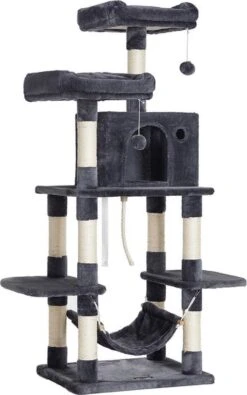 Rootz Krabpaal – Krabpaal – Krabpaal Met Haarballen – Grote Krabpaal – Kattentoren – Kattenkrabpaal – Multi-level Krabpaal – Krabpaal Wandmontage – Moderne Krabpaal – Krabpaal Met Speelgoed – Spaanplaat – Rookgrijs – 55 X 45 X 150 Cm (L X B X H)