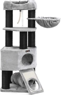 Giving® XXL Luxe Stevige Katten Krabpaal Voor Katten – Stevig Krabmeubel Met Hangmat Mand Katten Huis Tunnel & Speel Touw – Grote Krab Paal Klimpaal – 92 CM Hoog – Grijs/Zwart